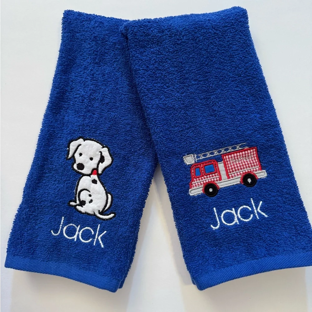 Personalized Blue Kids Hand Towel Set with Embroidered Firetruck and Dalmation